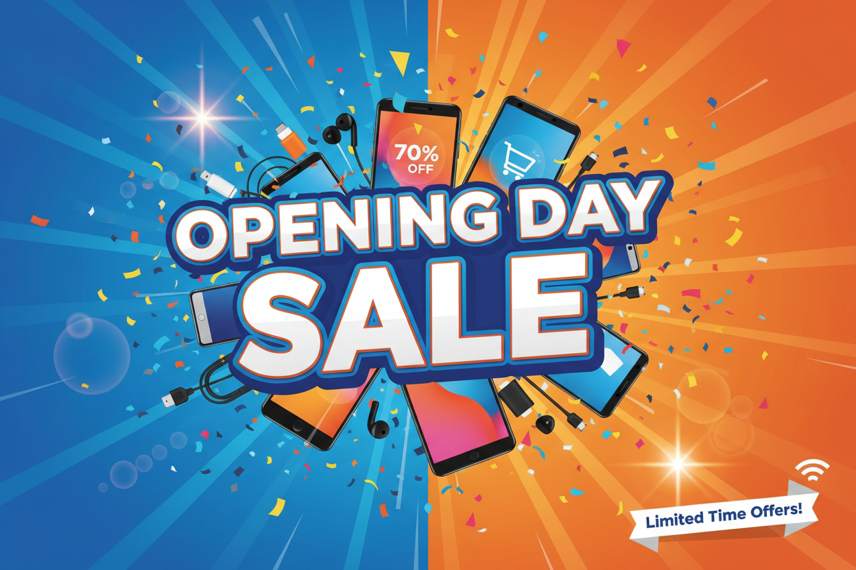 A colorful promotional graphic reading 'OPENING DAY SALE' in large white letters with blue outlines, surrounded by smartphones, headphones, confetti, and rays on a blue-to-orange background. A small banner says 'Limited Time Offers!'.